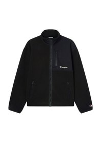 Schwarze Fleece-Jacke mit Reißverschlusstaschen auf der Brust und an den Seiten; verfügt über einen Halbreißverschluss-Kragen und ein kontrastierendes Oberteil; enthält Logo-Detail.