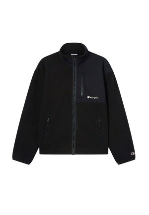 Črna flis jakna z zadrgo na prsih in stranskih žepih; ima ovratnik z pol zadrgo in kontrastni zgornji panel; vključuje detajl logotipa.