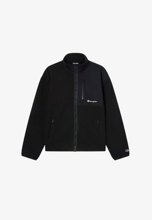 Zwarte fleece jack met een rits borst- en zijzakken; heeft een col met halve rits en een contrasterend bovenpaneel; inclusief logodetail.