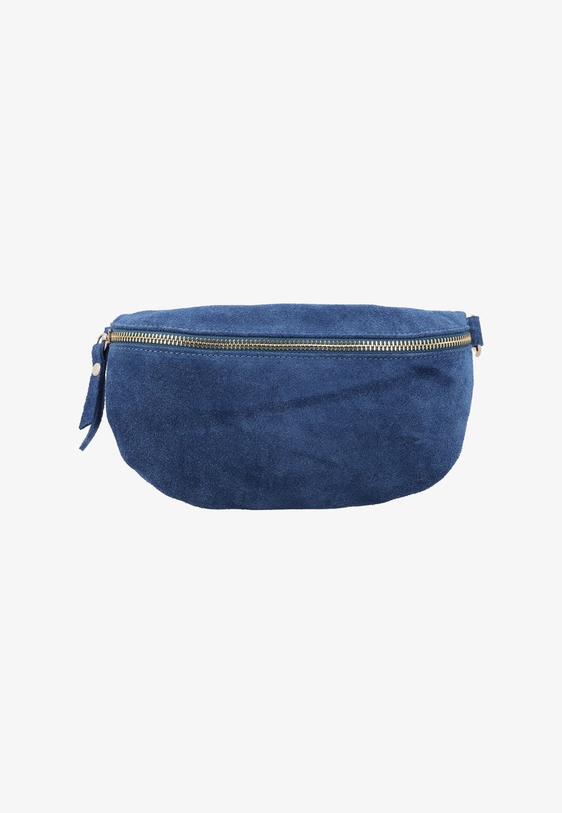 Blaue Wildledertasche mit Reißverschluss, goldfarbenem Reißverschluss und Zippverschlusslasche vor weißem Hintergrund.