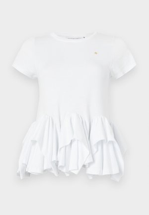 White T-shirt with short sleeves, featuring a ruffled hem. Made of smooth cotton, it has a round neckline and a small logo accent near the chest.