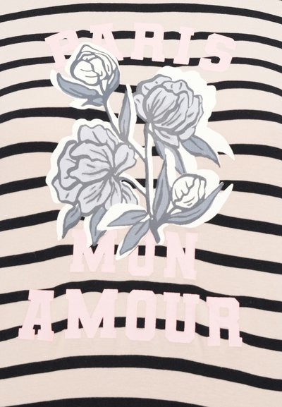 Striped lightweight fabric T-shirt in beige and black. Features a floral graphic and the text "PARIS MON AMOUR" in pink.