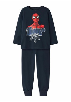 Granatowy komplet: bluza z długim rękawem i spodnie z grafiką Spider-Mana oraz wzorem pajęczyny na przodzie bluzy.
