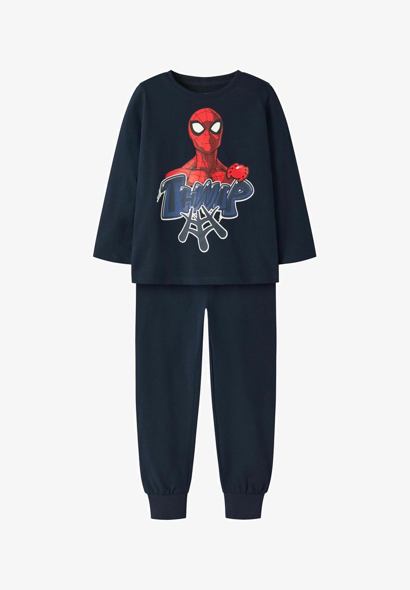 Ensemble t-shirt manches longues et pantalon bleu marine avec un motif Spider-Man et un design de toile d'araignée sur le devant du t-shirt.