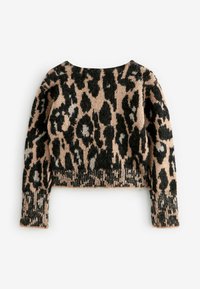 Leopardenmuster cropped Pullover in Beige und Schwarz, mit weichem Material, langen Ärmeln und weitem Halsausschnitt. Auffällige kontrastierende Muster durchgehend.