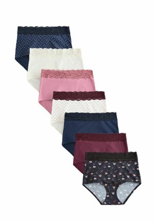 Sept culottes pour femmes avec bordure en dentelle dans des motifs marine à pois, blanc, rose, blanc à pois, marine, bordeaux et fleurs noires, disposées verticalement.