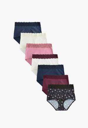 Seitse naiste pitsääredega püksikud mereväe siniste täppide, valge, roosa, valgete täppidega, mereväe, burgundi ja mustade lillemustritega, paigutatud vertikaalselt.