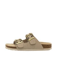 Sandalia deslizante beige con dos correas ajustables con hebillas. Parte superior de ante suave, plantilla de corcho y suela de goma texturizada para agarre.