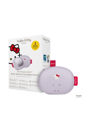 Appareil pour masque facial chaud et froid sonic violet sur le thème Hello Kitty à côté de sa boîte d’emballage blanche avec détails du produit et logos.