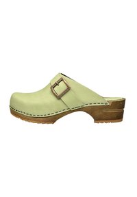 Green leather clog with a rounded toe, a brown metal buckle, contrast stitching, and a wooden sole featuring a textured surface.