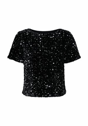 Top en sequins noirs avec des manches courtes, un col rond et une coupe décontractée. Le tissu est couvert de sequins brillants et réfléchissants.