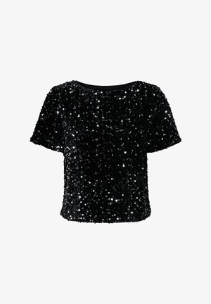 Juodas blizgučių viršus su trumpomis rankovėmis, apvaliu iškirpimu ir laisvu siluetu. Audinys padengtas blizgiais, atspindinčiais blizgučiais.