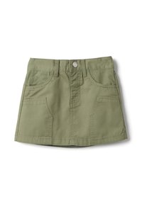 Gonna verde kaki con vita aderente, due tasche frontali e chiusura frontale con bottoni. Realizzata in robusto tessuto di cotone dalla texture liscia.