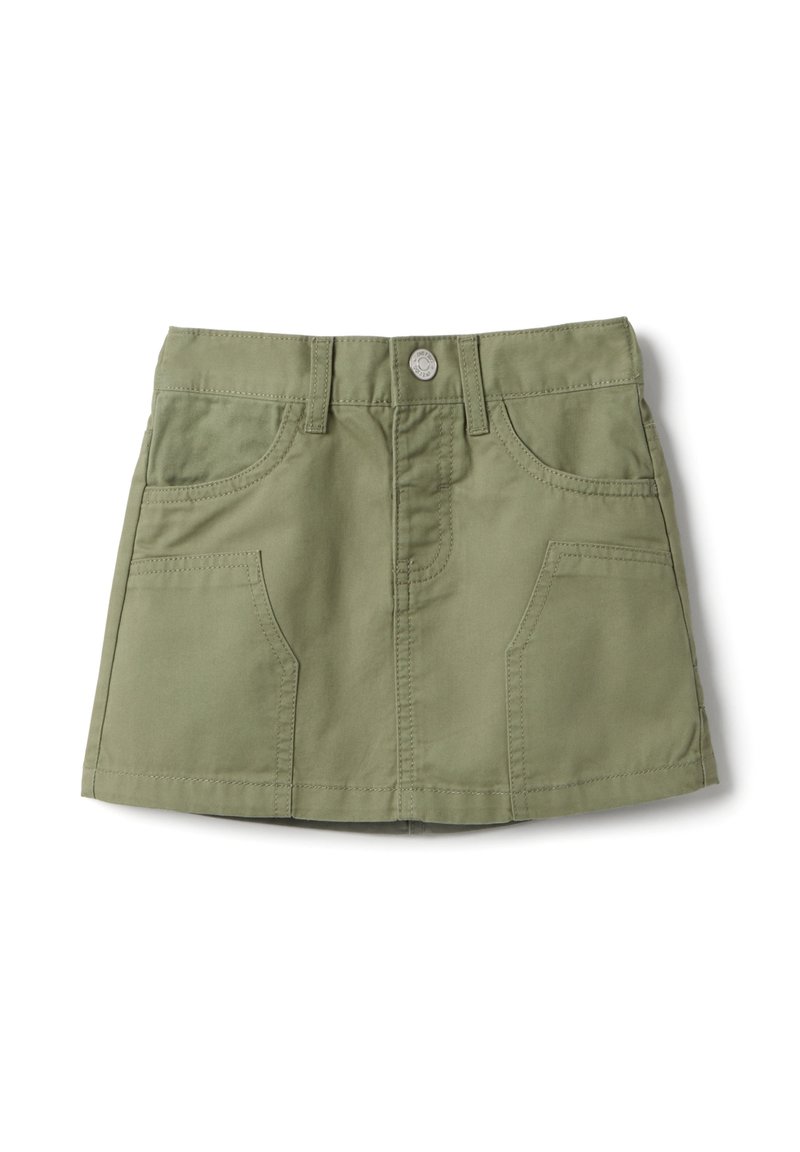 Gonna verde kaki con vita aderente, due tasche frontali e chiusura frontale con bottoni. Realizzata in robusto tessuto di cotone dalla texture liscia.