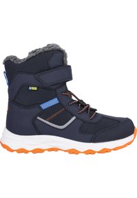 Marineblauer, wasserdichter Stiefel mit grauem Futter aus Fell, orangefarbenen Akzenten und einem strukturierten Mesh-Obermaterial. Verfügt über einen Klettverschluss und eine strapazierfähige Gummisohle.