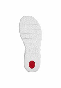 Witte sneakerzool met een gestructureerd rubberen oppervlak met een diamantpatroon en een ronde rode accent bij de hiel, gemarkeerd met "Comfort."