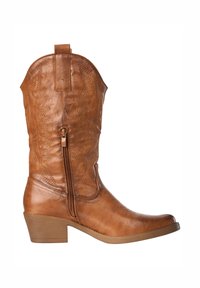 Bruine leren cowboylaars tot halverwege de kuit met zijrits, decoratief stiksel, treklus en een lage blokhak.