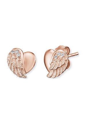 Orecchini a forma di cuore in oro rosa con dettagli a foglia e accenti di cristallo trasparente. Comprendono chiusura a perno.