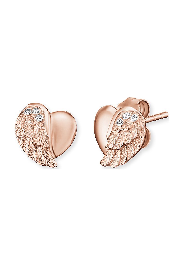 Orecchini a forma di cuore in oro rosa con dettagli a foglia e accenti di cristallo trasparente. Comprendono chiusura a perno.