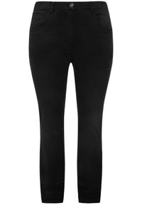 Pantalones de mezclilla negra con un corte slim, que cuentan con cinco bolsillos, un cierre de botón metálico y una textura suave. Diseño simple y clásico.