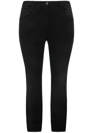 Zwarte denim broek met een slim fit, voorzien van vijf zakken, een metalen knoopsluiting en een soepele textuur. Eenvoudig, klassiek ontwerp.
