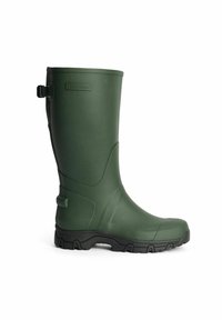 Grøn gummistøvle til midterste læg med sort tekstureret sål og justerbar rem på bagsiden for en sikker pasform.