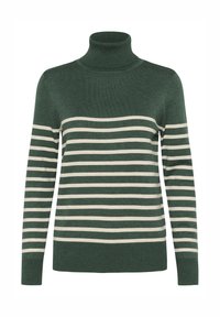 Zeleni in kremni pulover s turtleneck ovratnikom. Ima rebrasto teksturo, dolge rokave in oprijet silhueto. Mehka pletenina.