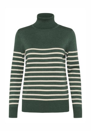 Žalias ir kremu dryžuotas megztinis su aukštu kaklu. Turėtų nervišką tekstūrą, ilgus rankovės ir prigludusią siluetą. Minkšta mezgimo medžiaga.
