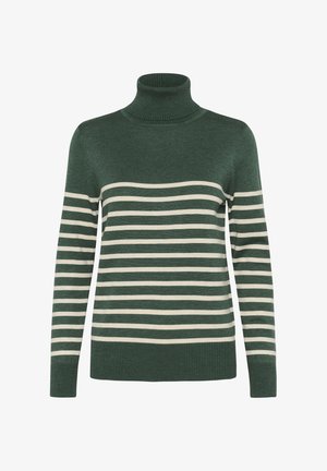 Grøn- og cremefarvet stribet rullekravesweater. Har en ribbet tekstur, lange ærmer og en tætsiddende silhuet. Blødt strikket materiale.