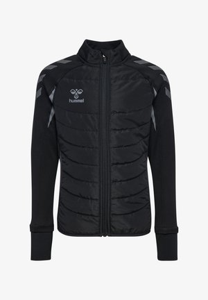 Black padded jacket with full front zipper, long sleeves, gray chevron patterns on shoulders, and "hummel" logo on left chest.