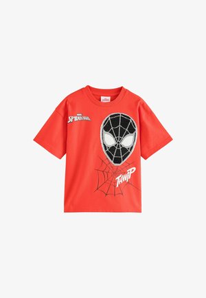 Rød T-shirt med korte ærmer med sort-hvid Spider-Man maske, edderkoppespindsgrafik, Marvel Spider-Man logo og teksten "THWIP" på forsiden.