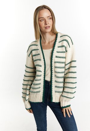 Cremefarvet strikket cardigan med grønne striber, ribbede manchetter og v-halsdesign. Struktureret stof tilføjer dybde til det samlede udseende.