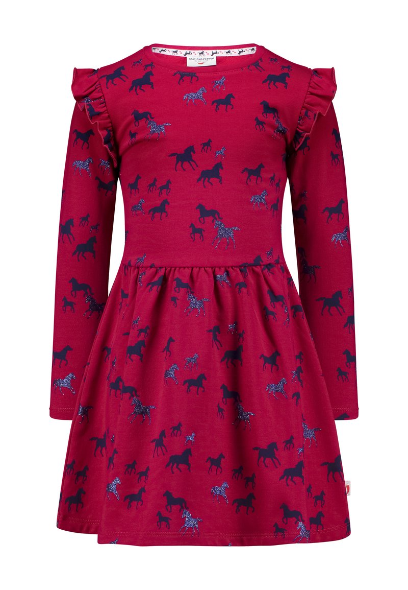 Rotes Kleid mit langen Ärmeln, das einen gerafften Rock, rüschente Schulterelemente und ein blaues Pferdemuster aufweist, teilweise mit Glitzerdetails.