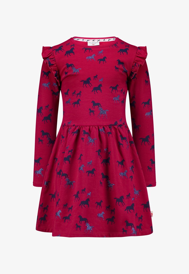 Rotes Kleid mit langen Ärmeln, das einen gerafften Rock, rüschente Schulterelemente und ein blaues Pferdemuster aufweist, teilweise mit Glitzerdetails.