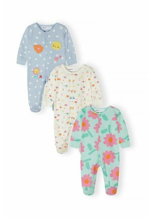 Trzy niemowlęce pajacyki na nóżkach z zatrzaskami; jeden niebieski w białe kropki z naszywkami słońca/kwiatów, jeden kremowy z kolorowymi kwiatami, jeden morski z dużymi różowymi kwiatami.