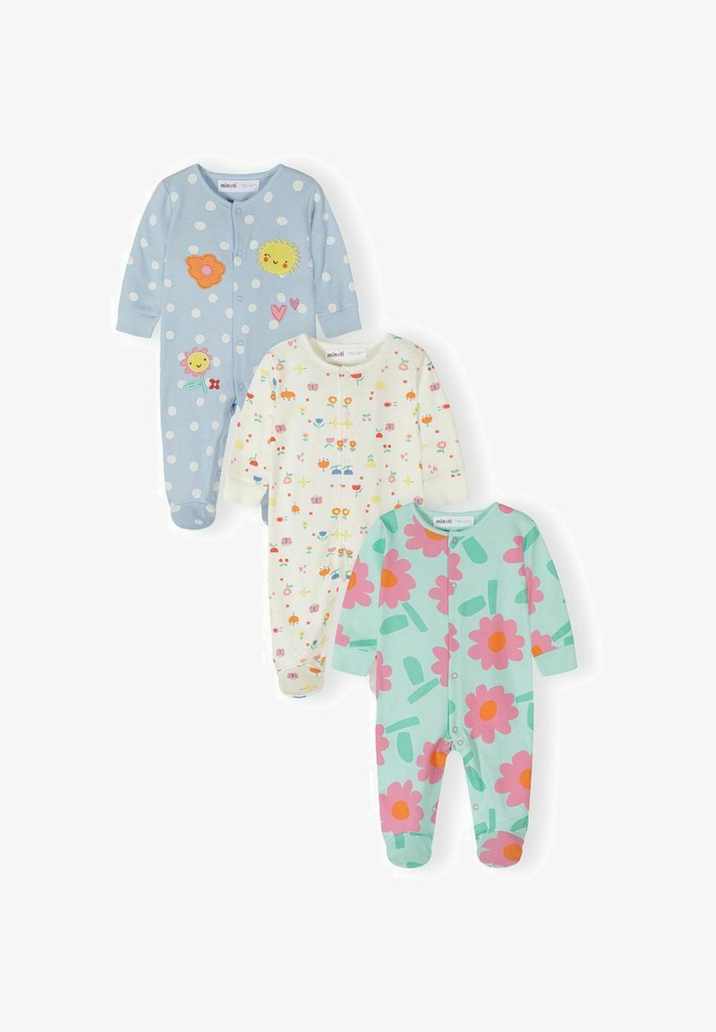 Tre tutine per neonati con piedini e bottoni a pressione; una azzurra con pois bianchi e toppe a forma di sole/fiori, una crema con fiori colorati, una verde acqua con grandi fiori rosa.