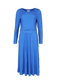 Blaues langärmeliges Kleid aus weichem Stoff mit tailliertem Oberteil und ausgestellt Rock, das mit hellblauen Punkten überzogen ist.