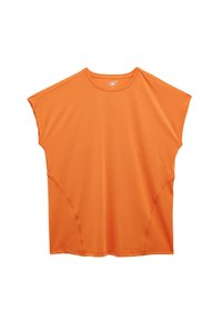 Orange Kurzarmoberteil mit rundem Ausschnitt, lockerer Passform und gewellten Nähten. Hergestellt aus leichtem, atmungsaktivem Material.