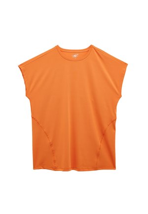 Oranje top met korte mouwen, een ronde halslijn, een ontspannen pasvorm en gebogen naden. Gemaakt van lichtgewicht, ademend materiaal.