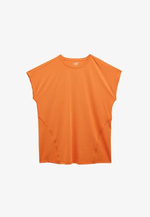 Oranje top met korte mouwen, een ronde halslijn, een ontspannen pasvorm en gebogen naden. Gemaakt van lichtgewicht, ademend materiaal.