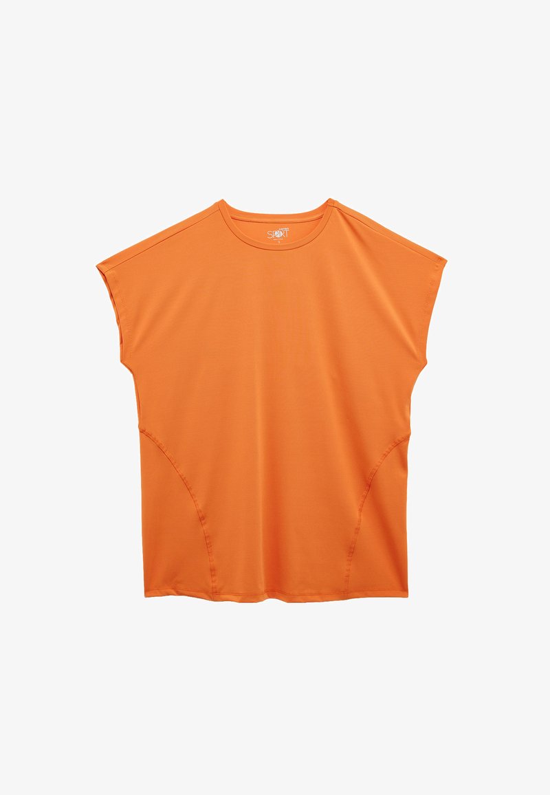 Orange kortærmet top med rund halsudskæring, løs pasform og buede sømdetaljer. Fremstillet af let, åndbart stof.