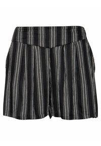 Pantaloni corti neri con un tessuto testurizzato, strisce verticali bianche e piccoli accenti a pois, vita larga e dettagli plissettati.