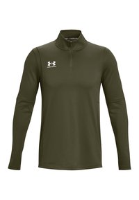 Olivgrüner Langarm-Pullover mit Viertelreißverschluss, gefertigt aus glattem, dehnbarem Stoff. Verfügt über ein kleines weißes Under Armour-Logo auf der Brust.