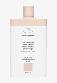 Weiße Flasche mit Sili™ Whipped Body Lotion von Drunk Elephant, mit einem braunen Deckel, Produktdetails und Inhaltsstoffen auf dem Etikett.