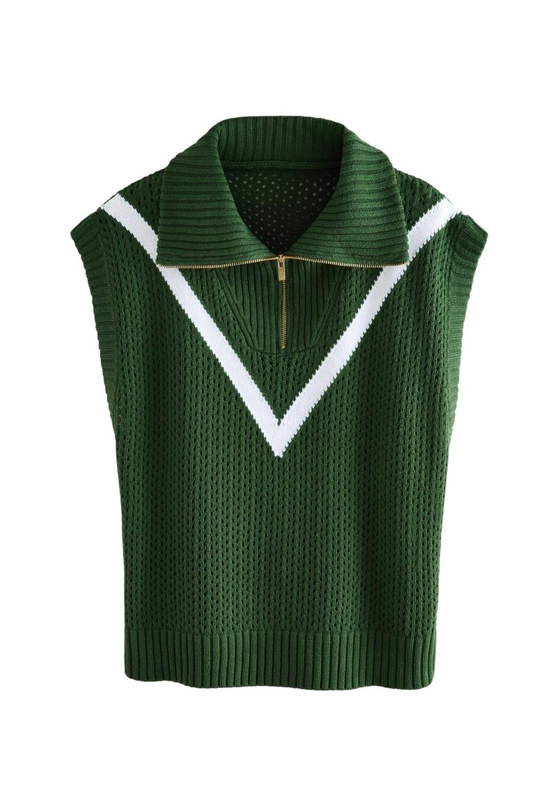 Gilet en tricot sans manches vert foncé avec des rayures blanches en chevrons, col côtelé avec fermeture éclair dorée et motif texturé.