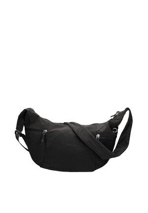 Sac bandoulière noir avec plusieurs poches zippées et une bandoulière réglable, avec un logo GMV discret au centre devant.