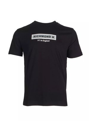 T-shirt en coton noir avec col rond et manches courtes. Le devant affiche le texte "RICHMOND" et "N°1 en Angleterre" dans des couleurs contrastées.