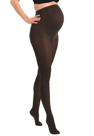 Collants de maternité marron avec une texture lisse, une finition opaque et une taille haute conçue pour le confort et le soutien pendant la grossesse.