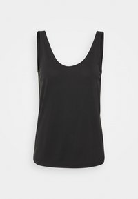 Svart ärmlös linne med rundad halsringning, tillverkat av mjukt tyg, med en enkel design och rak nederkant.