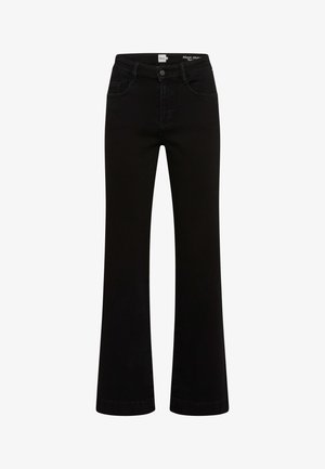 Black flared jeans made of denim fabric. High-waisted with five pockets and a zip-fly closure. Stitched seams and hem finish.